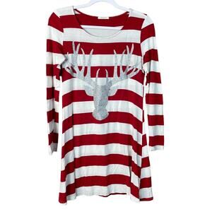 12PM by Mon Ami Reindeer Red White Striped Tunic Top Dress Christmas Size Small